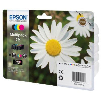 Epson Daisy 18 Claria Home Ink, Ink Cartridge, Black, Cyan, Magenta, Yellow Multipack, C13T18064010 (package 4 each) Epson Daisy 18 Claria Home Ink, Ink Cartridge, Black, Cyan, Magenta, Yellow Multipack, C13T18064010 (package 4 each)